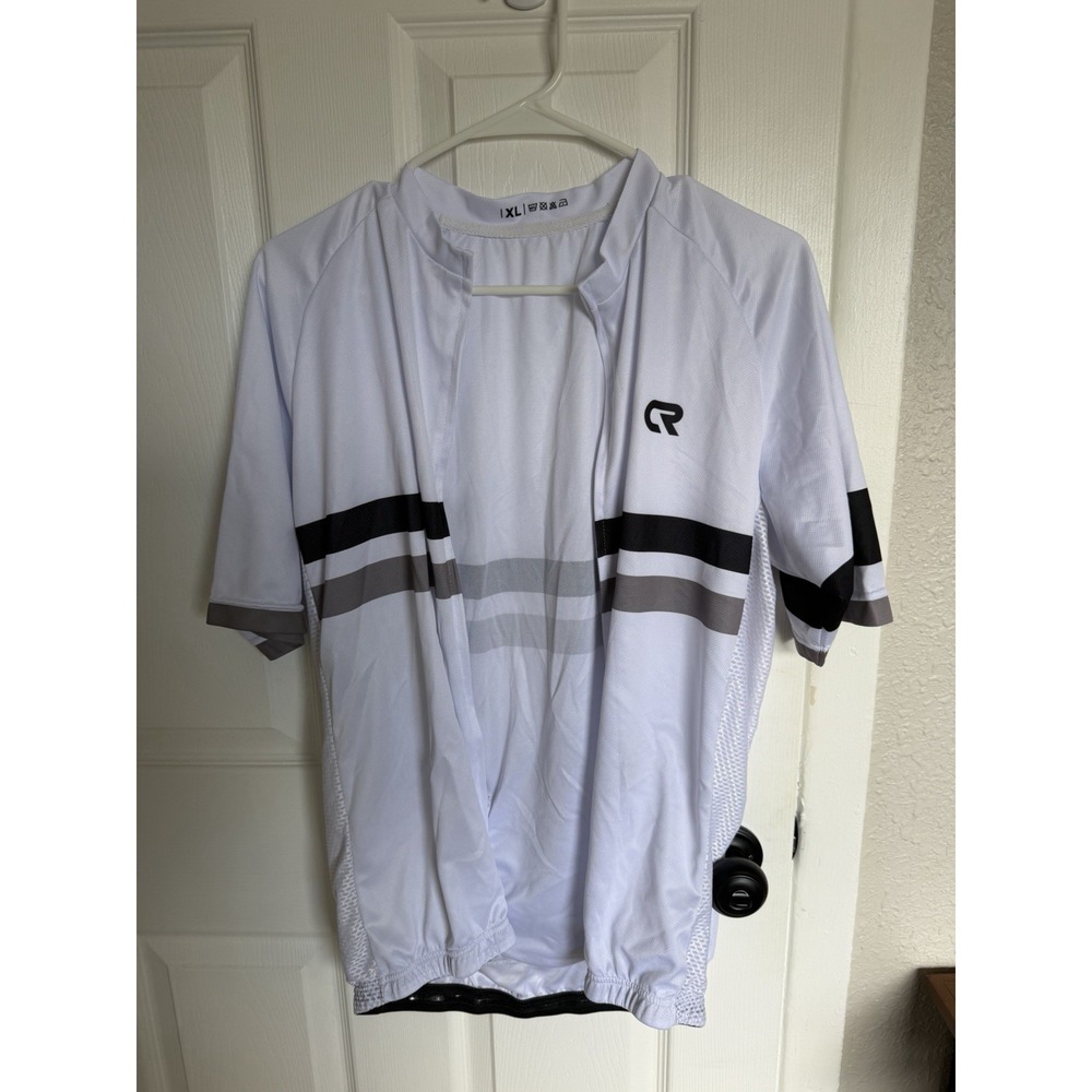 XL Cycling Jersey White Striped Full Zip Short Sleeve Mock Neck Back Pockets